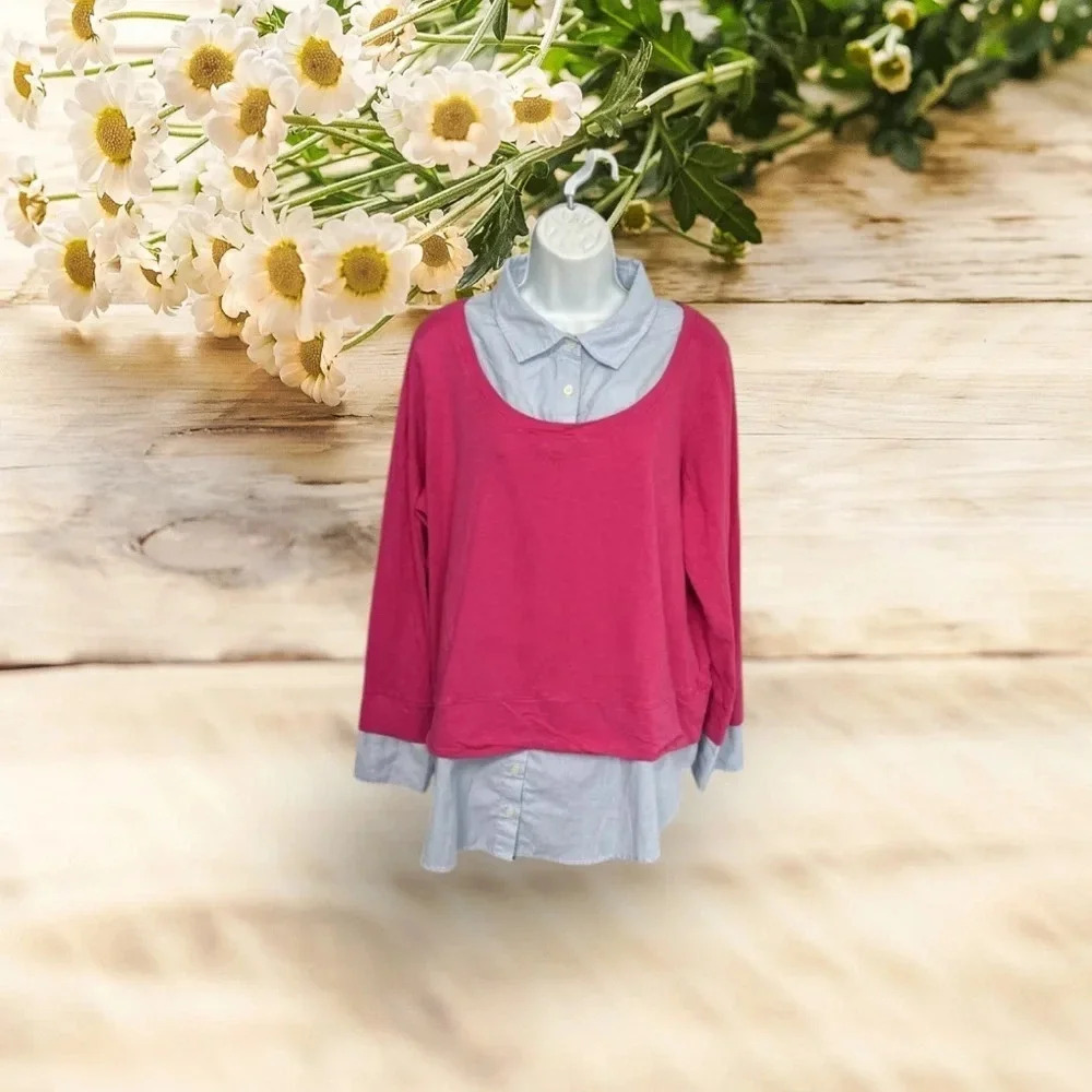 Tommy Hilfiger‎ Women’s 1X Layered Collared Top Pink Blue Striped Preppy Casual